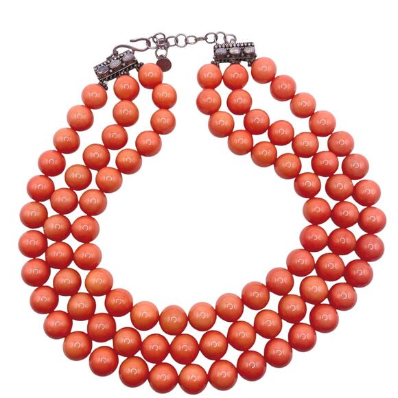 Bohemian Glass in Orange Coral Tone Coated with Sterling and moonstone closure - Picture 2 of 10